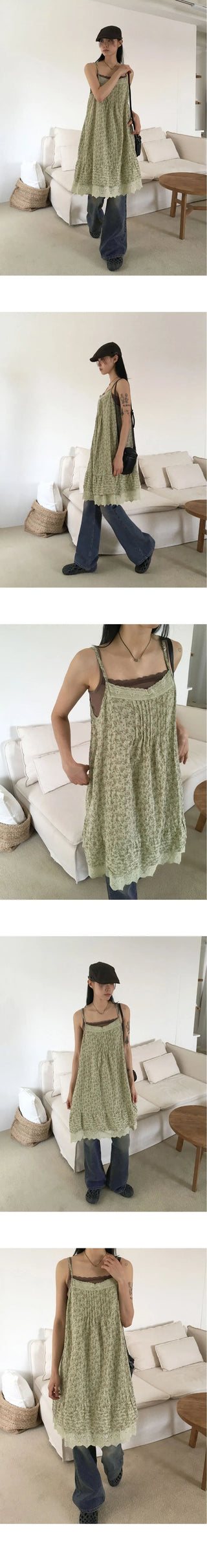 Dochi Vintage Flower Lace Strap Adjustable Pintuck Layered Sleeveless Long Dress