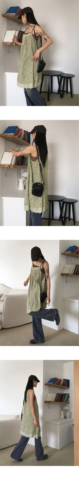 Dochi Vintage Flower Lace Strap Adjustable Pintuck Layered Sleeveless Long Dress