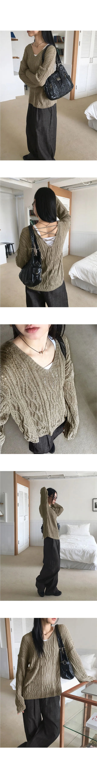 Summit Punching Two Way Eyelet Back V-Neck Overfit Long Sleeve Knitwear