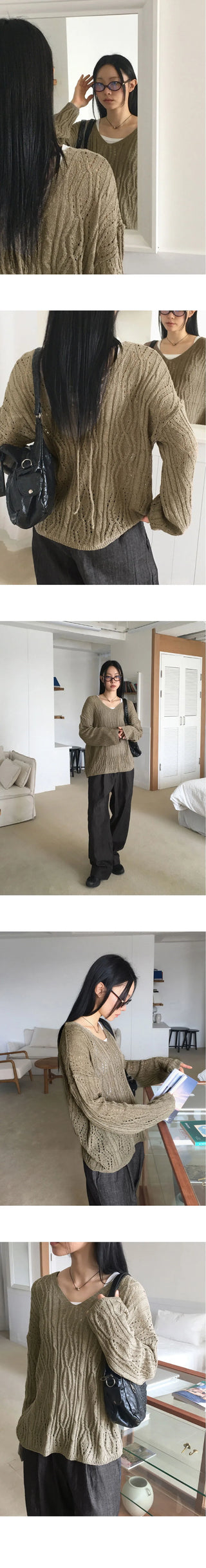 Summit Punching Two Way Eyelet Back V-Neck Overfit Long Sleeve Knitwear