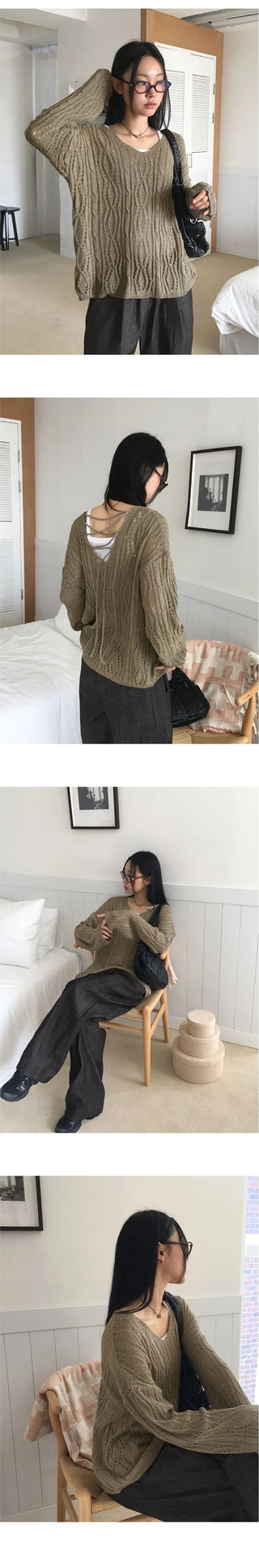 Summit Punching Two Way Eyelet Back V-Neck Overfit Long Sleeve Knitwear