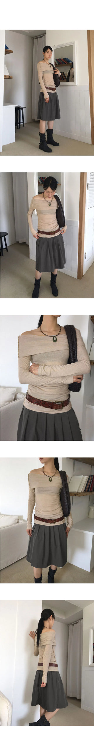 Rapshire Modal Overlock Ribbed Off Shoulder Long Sleeve T-Shirt