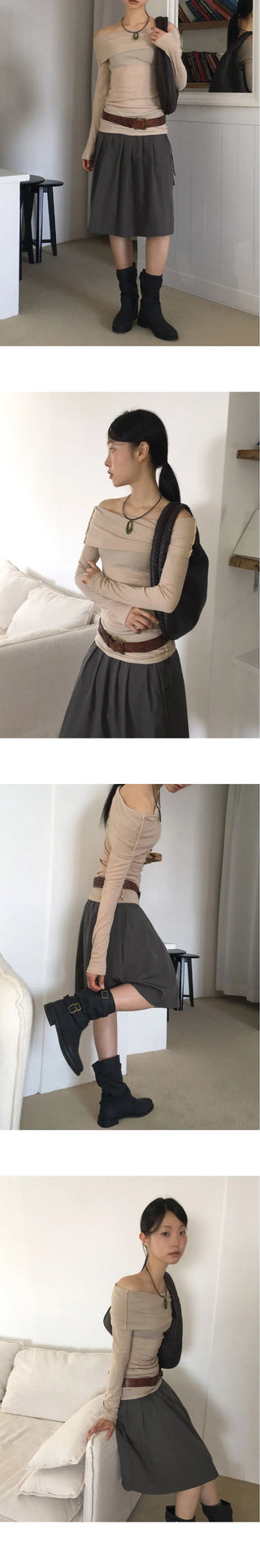 Rapshire Modal Overlock Ribbed Off Shoulder Long Sleeve T-Shirt