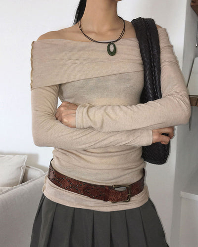 Rapshire Modal Overlock Ribbed Off Shoulder Long Sleeve T-Shirt