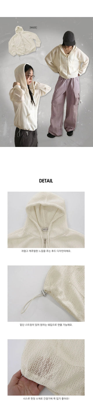 Bitter vintage punching see-through two-way string hooded cardigan zip-up