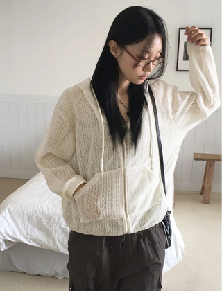 Bitter vintage punching see-through two-way string hooded cardigan zip-up