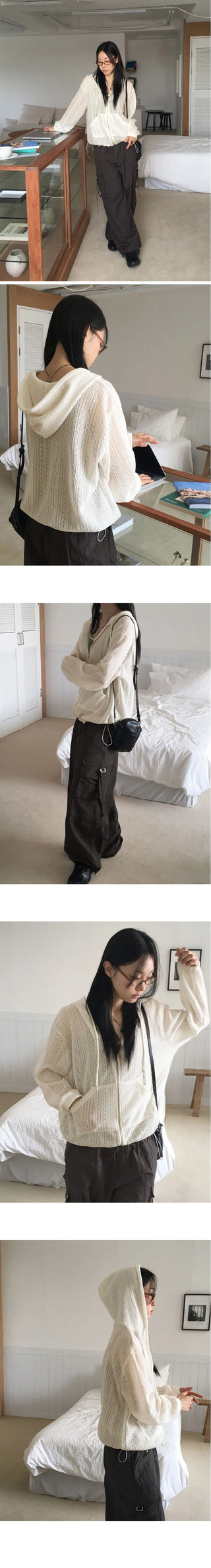 Bitter vintage punching see-through two-way string hooded cardigan zip-up