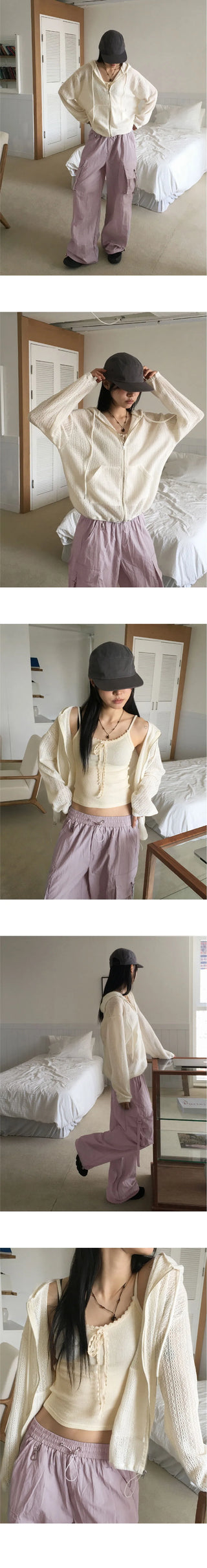 Bitter vintage punching see-through two-way string hooded cardigan zip-up