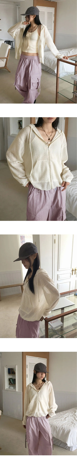 Bitter vintage punching see-through two-way string hooded cardigan zip-up