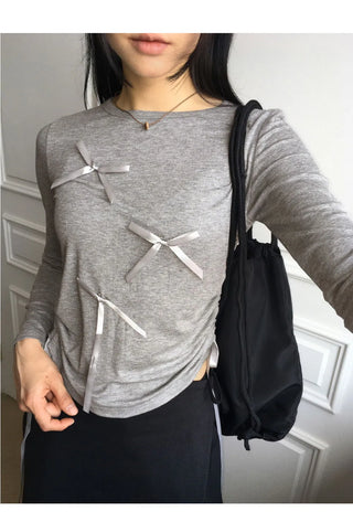 Pko side shirring string ribbon long sleeve t-shirt