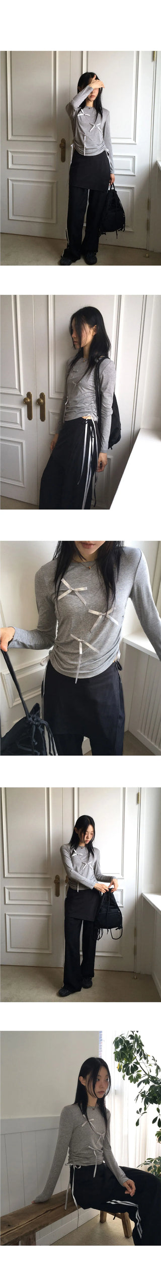 Pko side shirring string ribbon long sleeve t-shirt