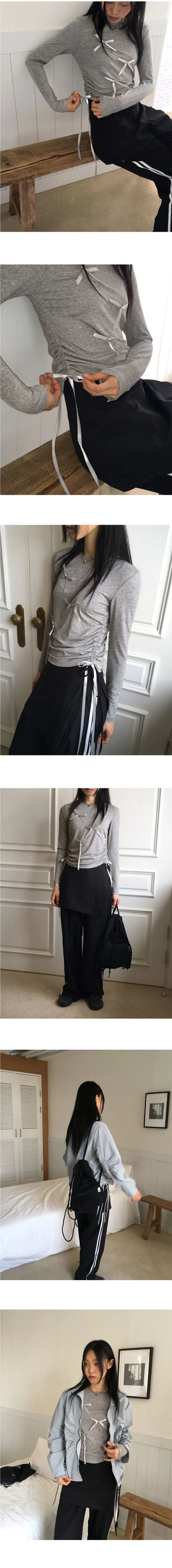 Pko side shirring string ribbon long sleeve t-shirt