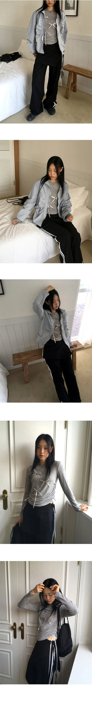 Pko side shirring string ribbon long sleeve t-shirt