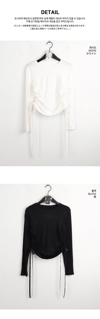 Pko side shirring string ribbon long sleeve t-shirt