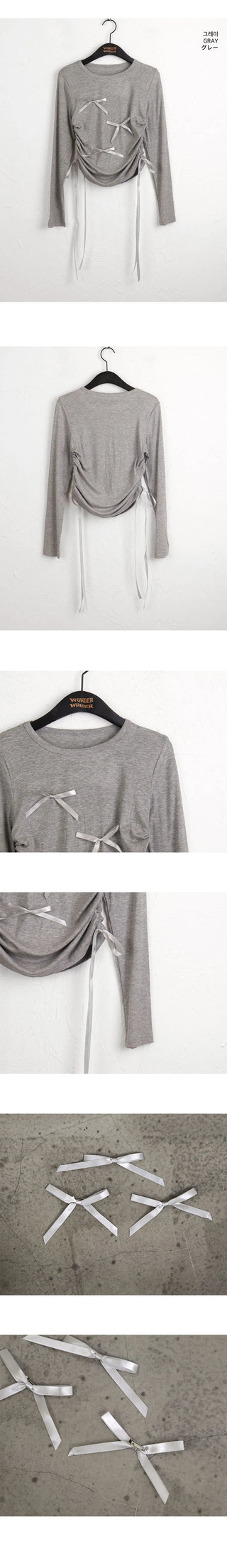 Pko side shirring string ribbon long sleeve t-shirt