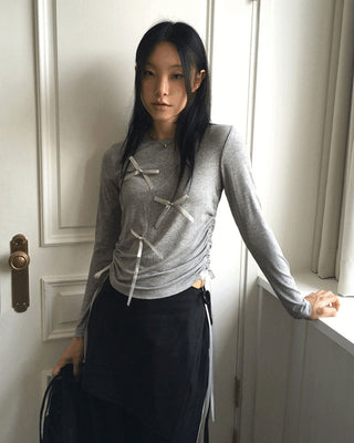 Pko side shirring string ribbon long sleeve t-shirt