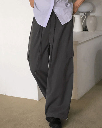 Kipped nylon two-way back banding cargo long wide jogger pants