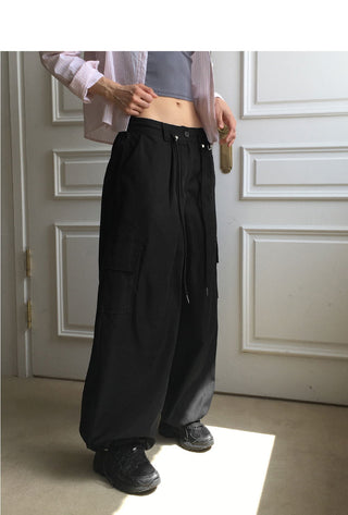 Kipped nylon two-way back banding cargo long wide jogger pants