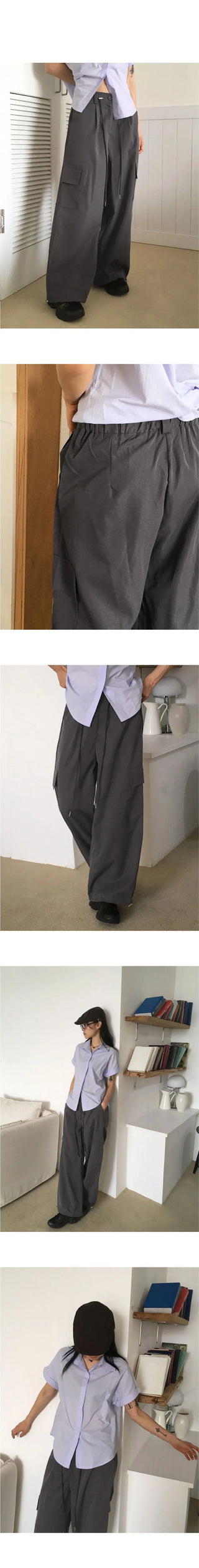 Kipped nylon two-way back banding cargo long wide jogger pants