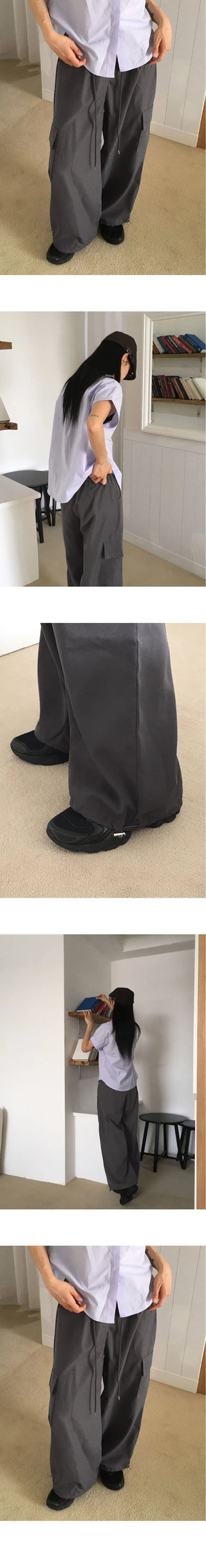 Kipped nylon two-way back banding cargo long wide jogger pants