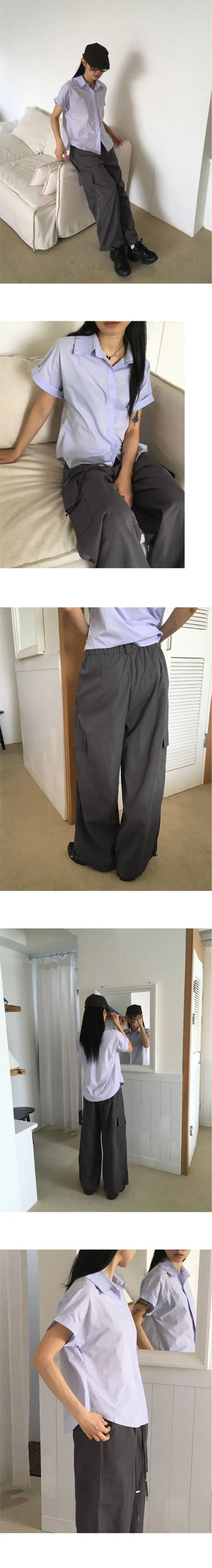 Kipped nylon two-way back banding cargo long wide jogger pants