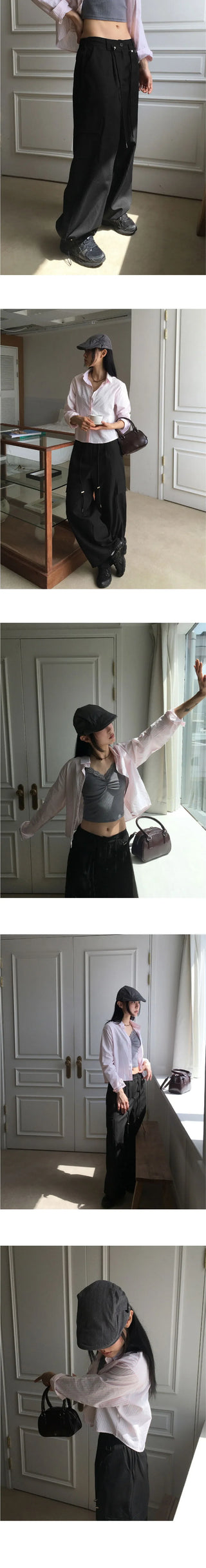 Kipped nylon two-way back banding cargo long wide jogger pants