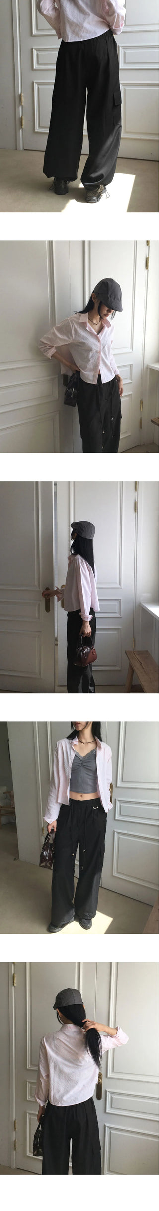 Kipped nylon two-way back banding cargo long wide jogger pants