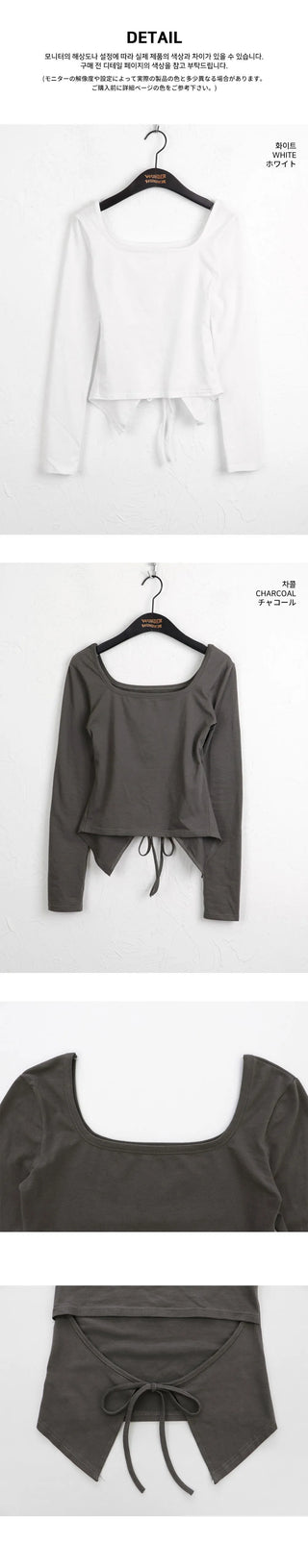 Tears Ribbon Strap Back Slit Square Neck Long Sleeve T-Shirt