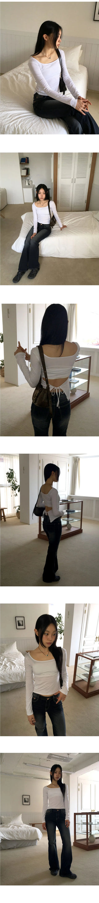 Tears Ribbon Strap Back Slit Square Neck Long Sleeve T-Shirt