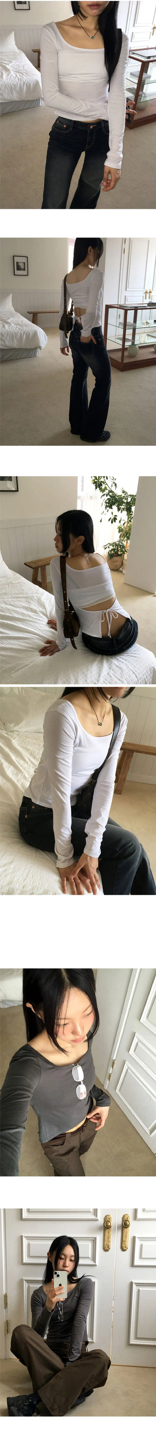 Tears Ribbon Strap Back Slit Square Neck Long Sleeve T-Shirt