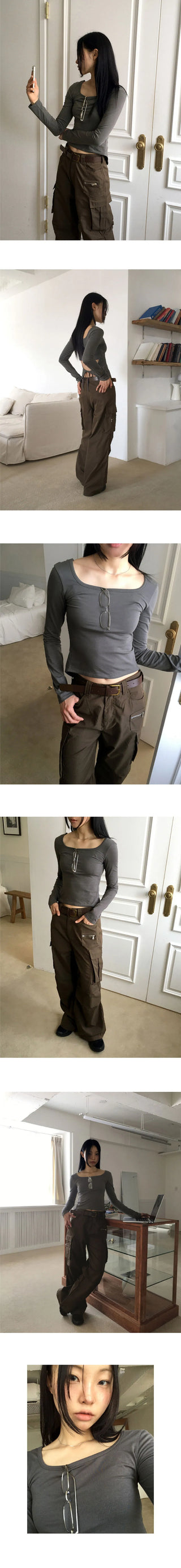 Tears Ribbon Strap Back Slit Square Neck Long Sleeve T-Shirt