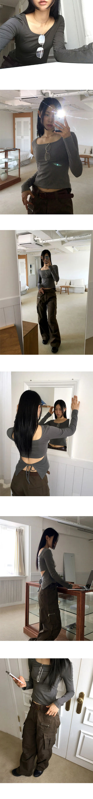 Tears Ribbon Strap Back Slit Square Neck Long Sleeve T-Shirt