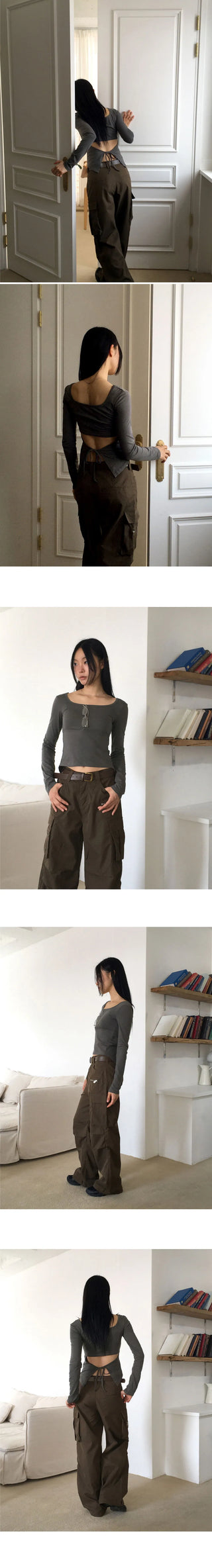 Tears Ribbon Strap Back Slit Square Neck Long Sleeve T-Shirt