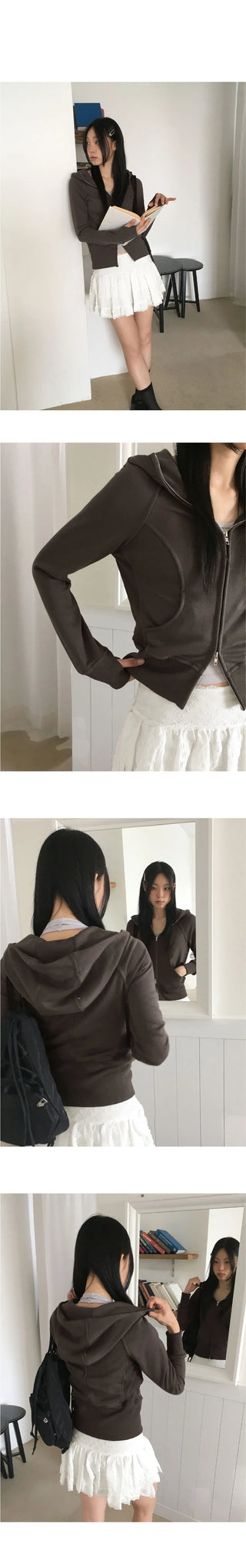 Saga Split high neck slim zip-up hood long sleeve zip-up