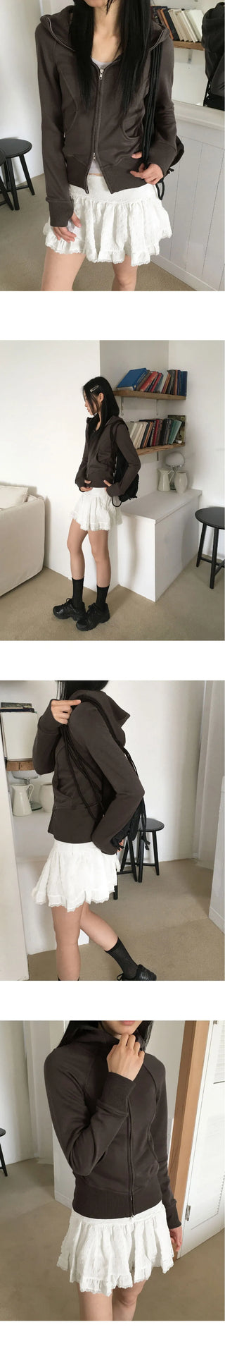 Saga Split high neck slim zip-up hood long sleeve zip-up