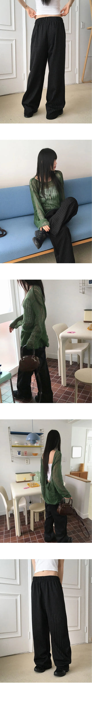 Rating pin stripe banding long wide pants