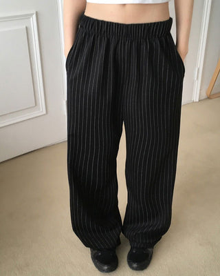 Rating pin stripe banding long wide pants