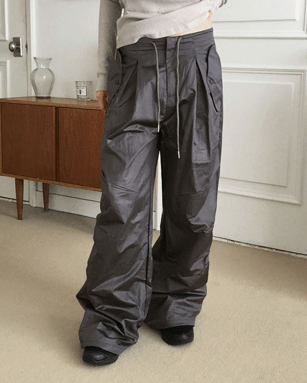 Fillet Glossy Parachute Two Way Nylon Long Wide Pants