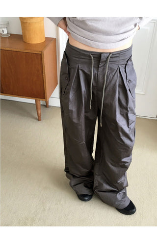 Fillet Glossy Parachute Two Way Nylon Long Wide Pants