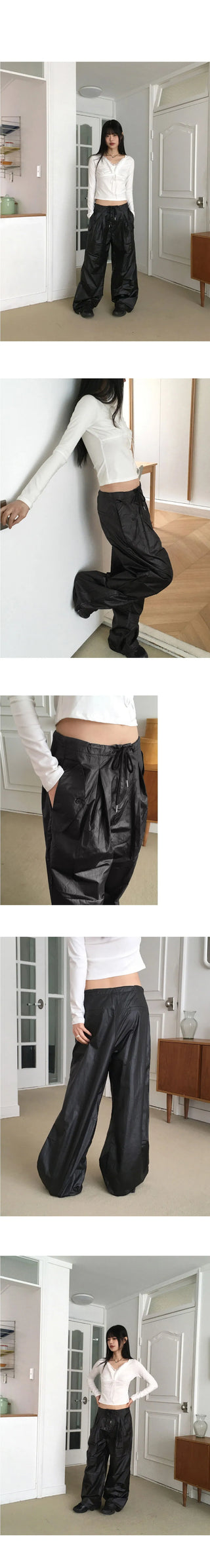 Fillet Glossy Parachute Two Way Nylon Long Wide Pants