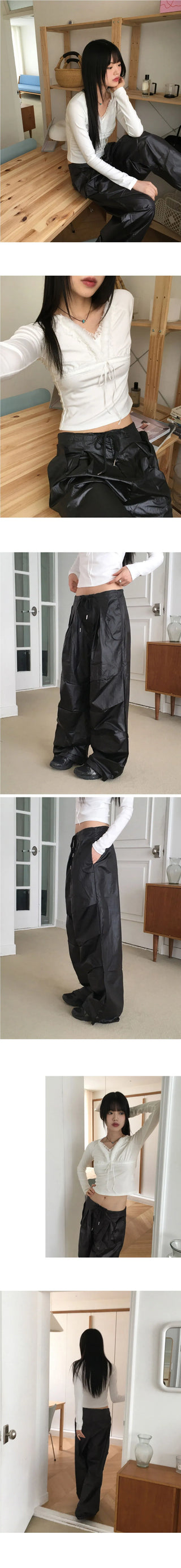 Fillet Glossy Parachute Two Way Nylon Long Wide Pants