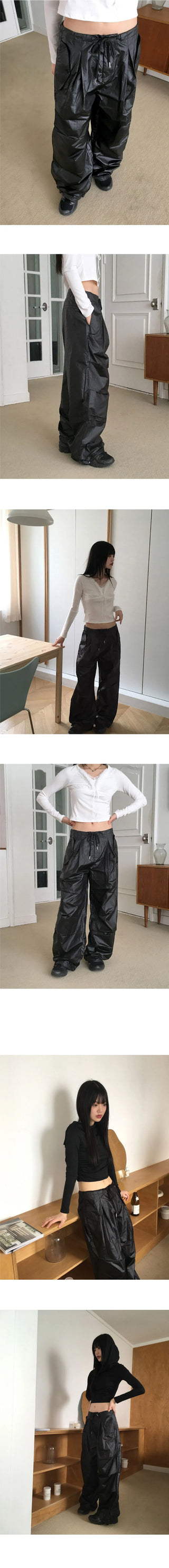 Fillet Glossy Parachute Two Way Nylon Long Wide Pants