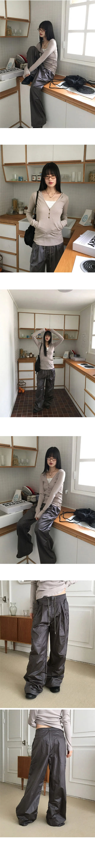 Fillet Glossy Parachute Two Way Nylon Long Wide Pants