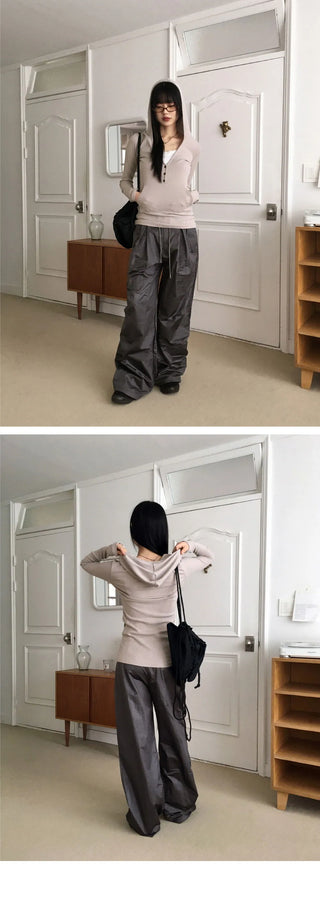 Fillet Glossy Parachute Two Way Nylon Long Wide Pants