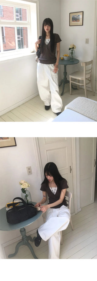 Tibot Vintage Button V-Neck Ribbed Sweatshirt