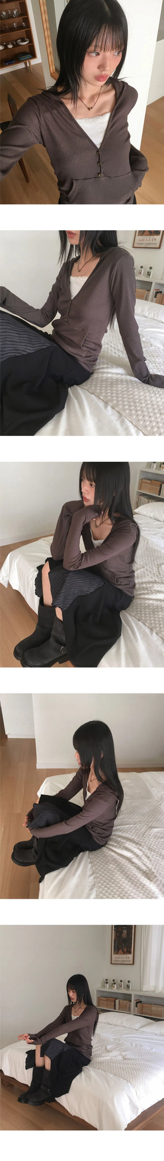 Tibot Vintage Button V-Neck Ribbed Sweatshirt