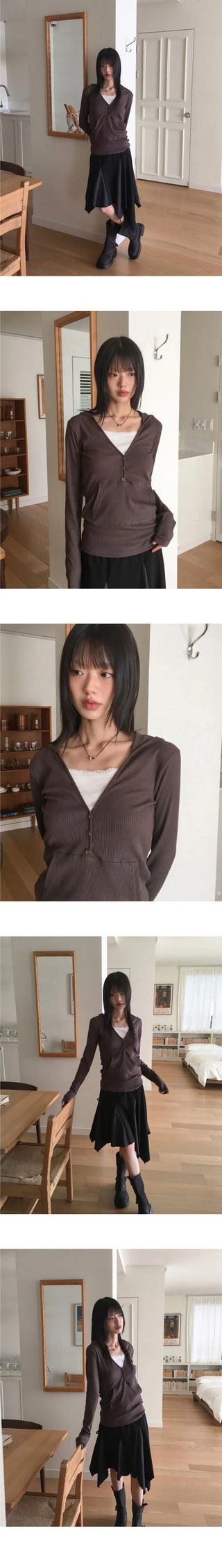 Tibot Vintage Button V-Neck Ribbed Sweatshirt