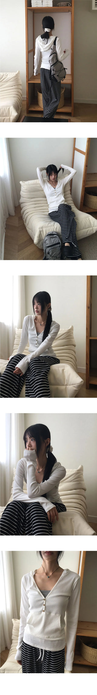 Tibot Vintage Button V-Neck Ribbed Sweatshirt