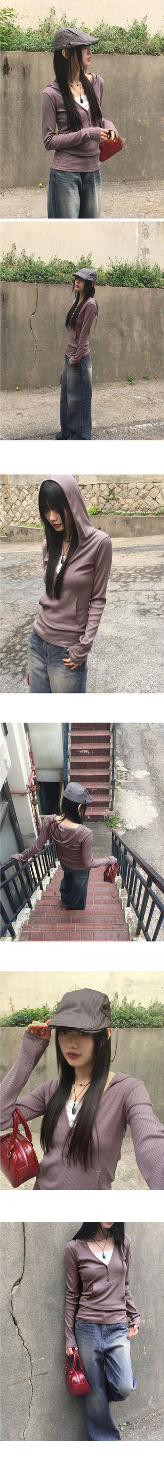 Tibot Vintage Button V-Neck Ribbed Sweatshirt