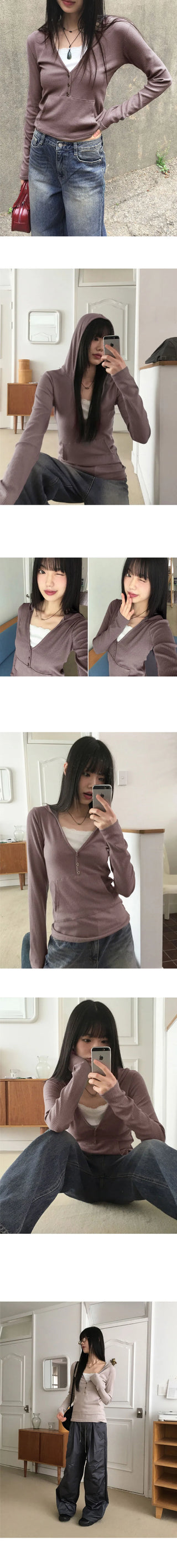 Tibot Vintage Button V-Neck Ribbed Sweatshirt